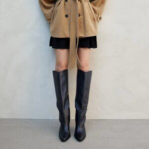 KNEE HIGH BALCK LEATHER WIDE LEG BOOT